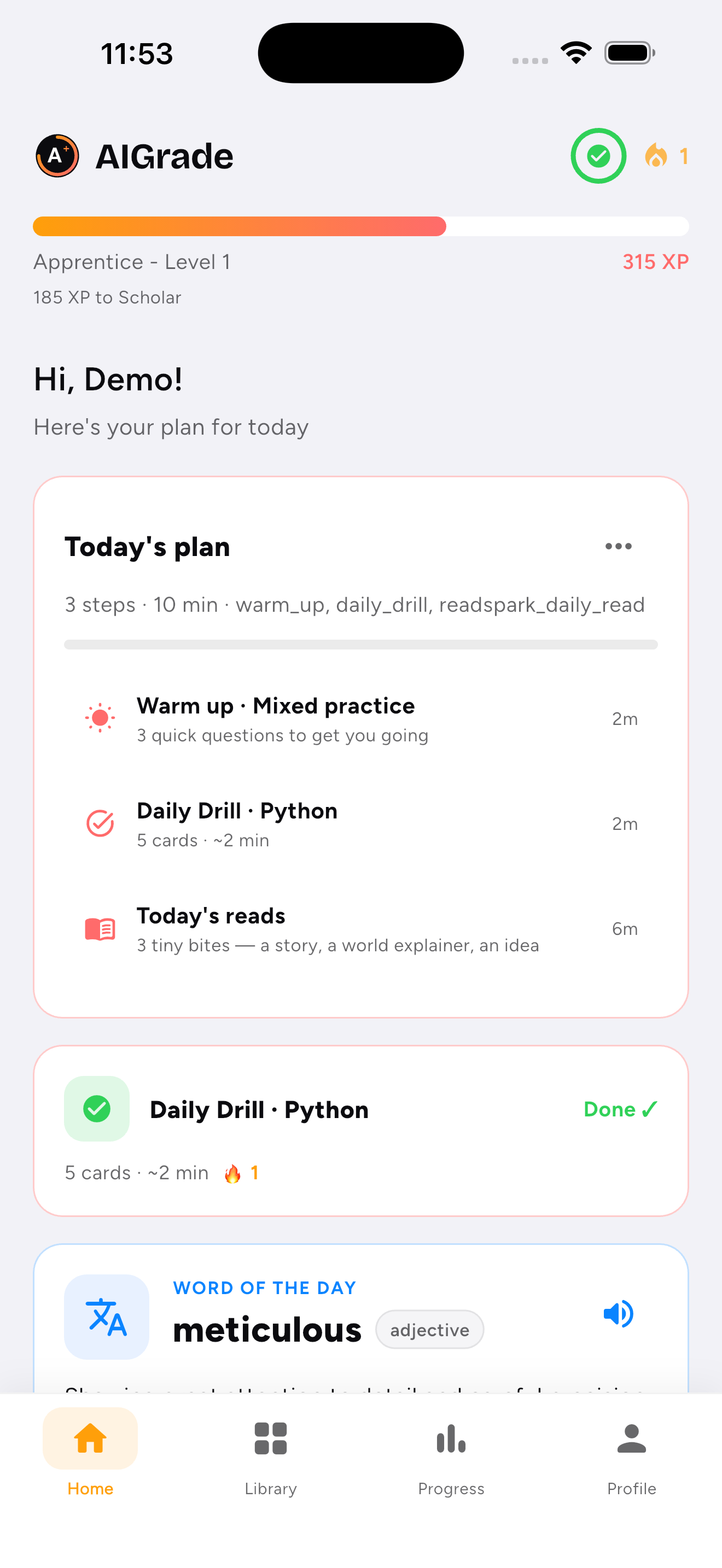 EduSpark prototype screen showing a daily learning plan and progress elements