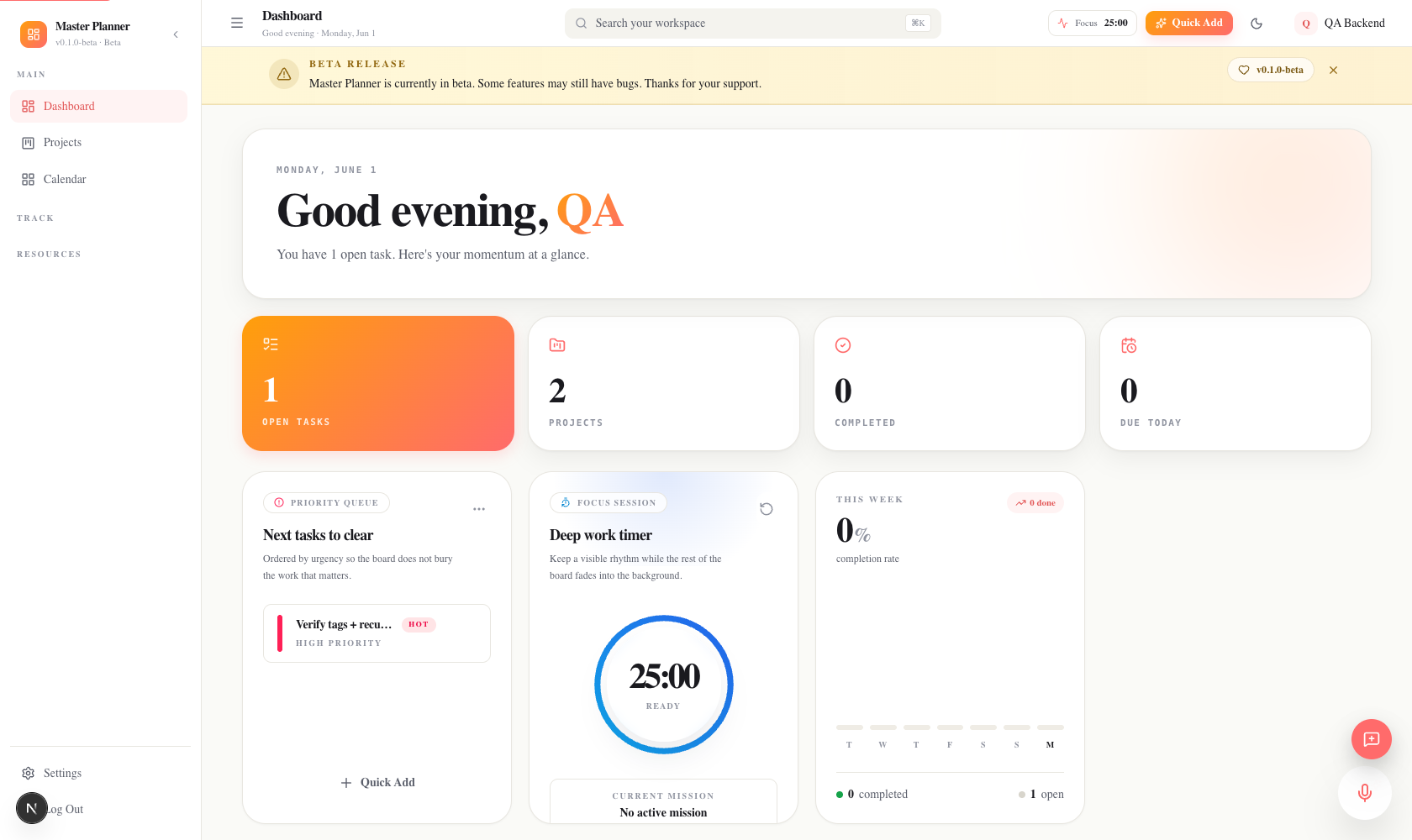 Master Planner beta dashboard prototype showing a daily overview and focus timer